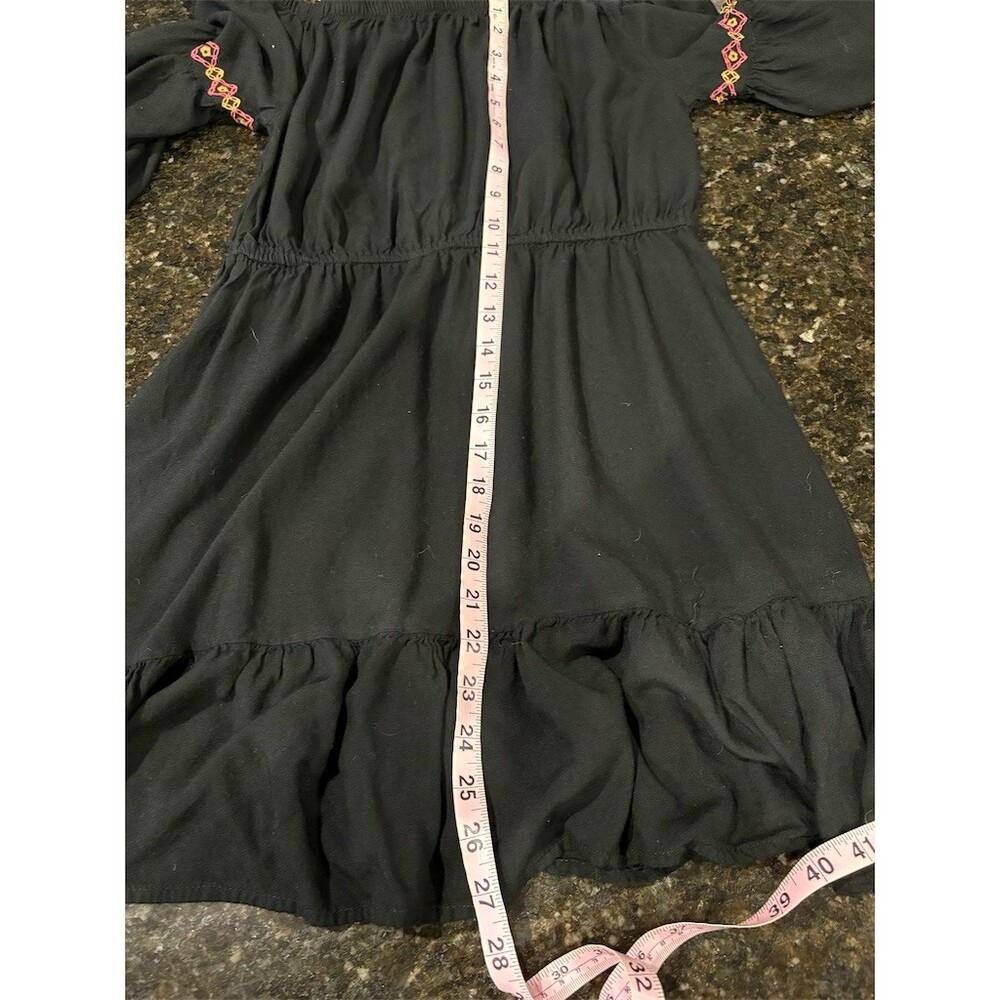 FEATHERS Dress Womens M Black Off Shoulder Peasant Boho Embroidered Short - Picture 12 of 12